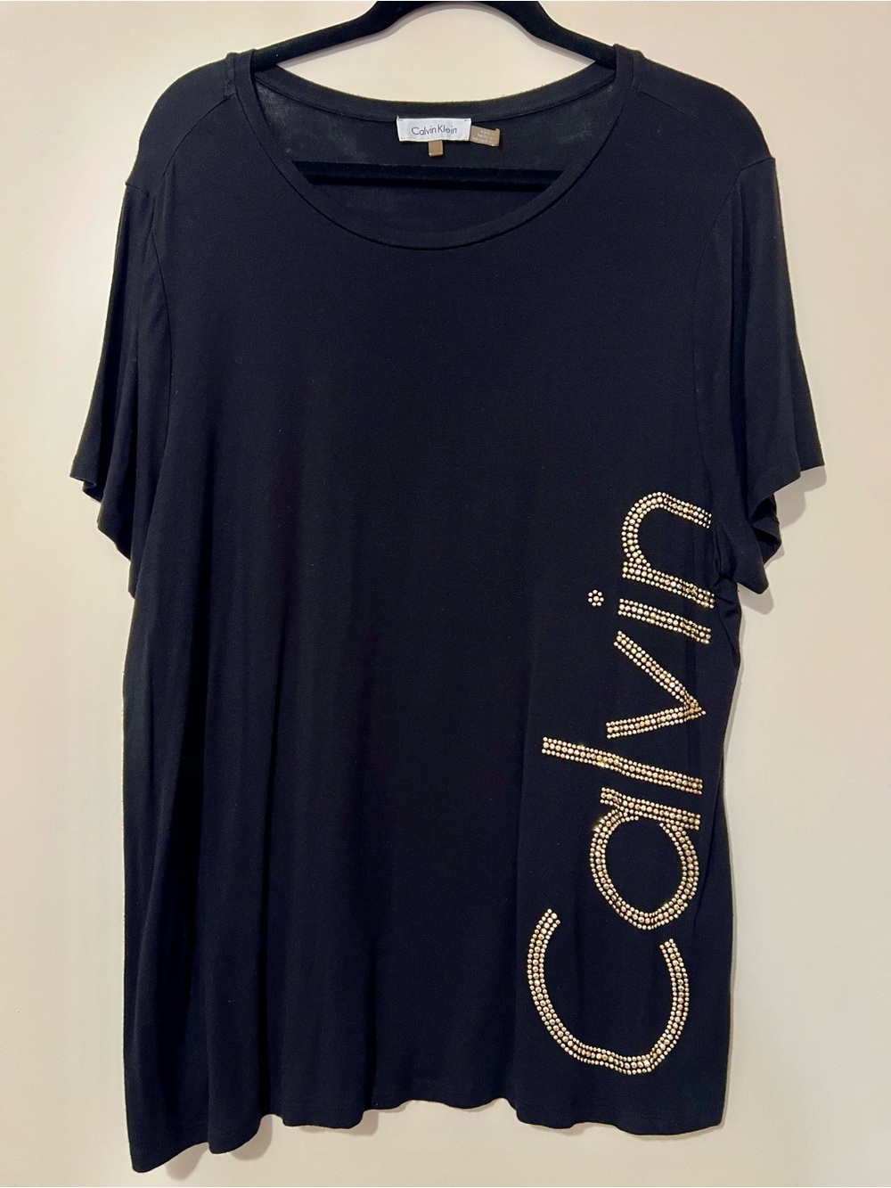 Calvin Klein Black Short Sleeve Tee with Gold Stud Logo Script